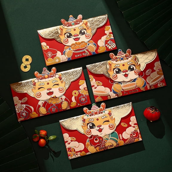 4Pcs Chinese New Year 3D Dragon Red Envelopes, Red Money Envelopes Hong Bao Red Pockets Lucky Money Gift Envelopes for Spring Festival Birthday Wedding Gifts