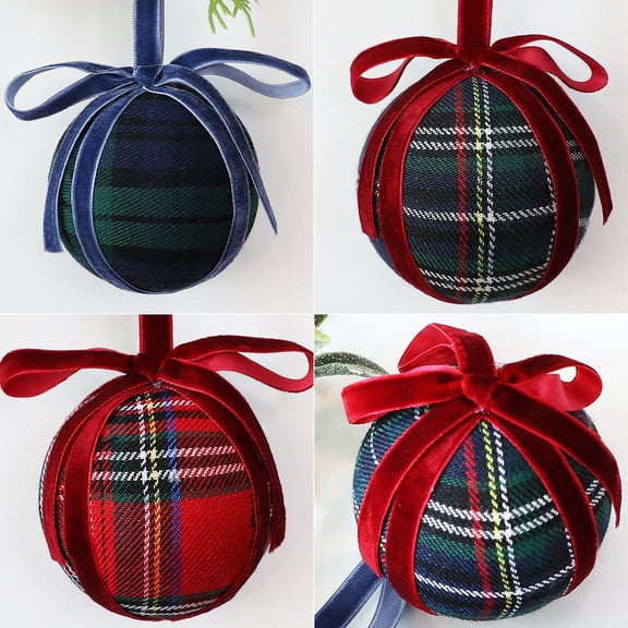 4Pcs Christmas Ball Ornaments 3.15 Inch,Tartan Plaid Ball Ornaments,Buffalo Check Fabric Balls Christmas Tree Hanging Ornaments Rustic Farmhouse Gingham Hanging Home Decoration