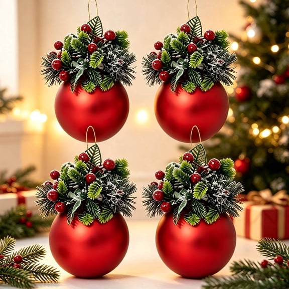 4Pcs Christmas Ball Ornaments,3.94" Red Christmas Balls with Artificial Pine Branches & Red Berries,Hang Xmas Decorations for Christmas Tree, Holiday Home Decor & Gift (Red)