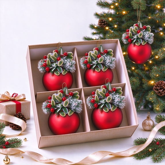 4Pcs Christmas Ball Ornaments,4" Red Christmas Balls with Artificial Pine Branches & Red Berries,Hang Xmas Decorations for Christmas Tree, Holiday Home Decor & Gift (Red)