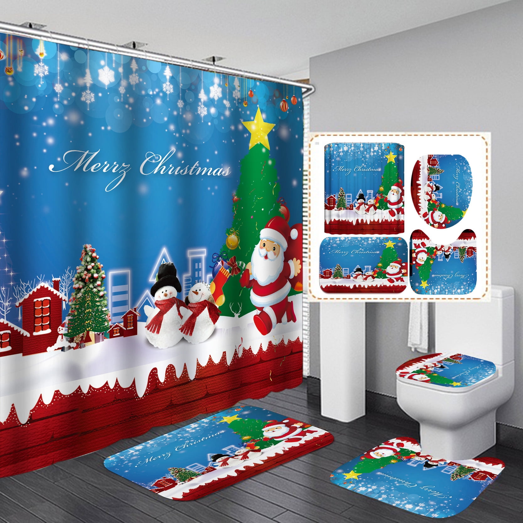 4Pcs Christmas Bath Decor Set Shower Curtain Sets with Rugs for Bathroom Decor, Xmas Bathroom