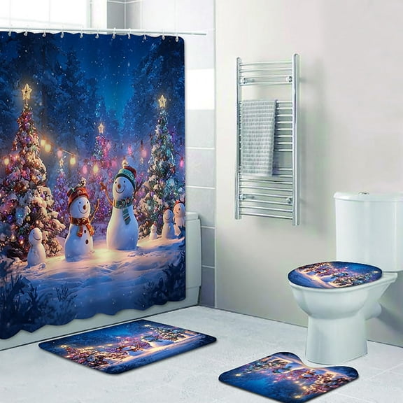 4Pcs Christmas Bathroom Decor Sets,Snowman Winter Xmas Theme Bath with Mat and Toilet Rug Cover Rustic Farmhouse Wet Room Accessory (G9)