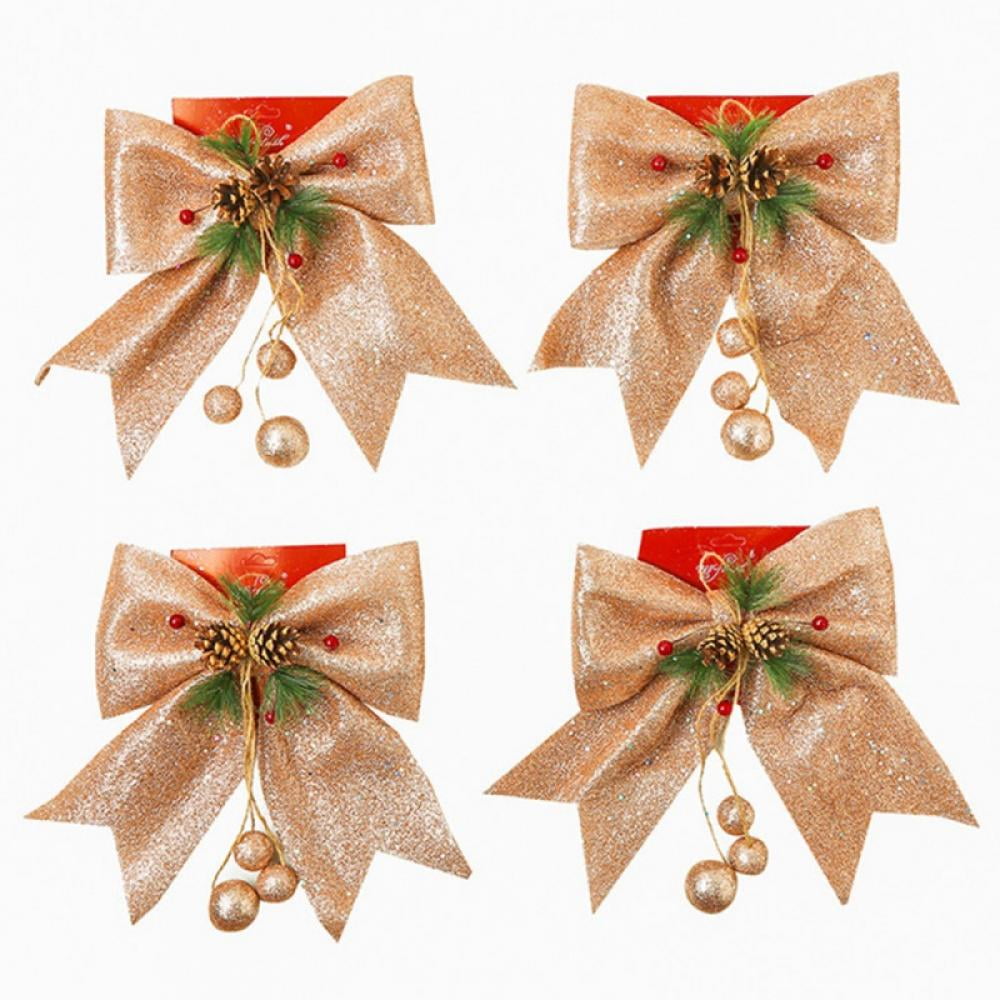 4pcs Christmas Decorative Bow Christmas Tree Glitter Bow Xmas Bows Ornament with Pinecone Red Bows for Wreath Garland Treetopper Christmas Party Gifts Home Indoor Decor 9.8 x 11.8in