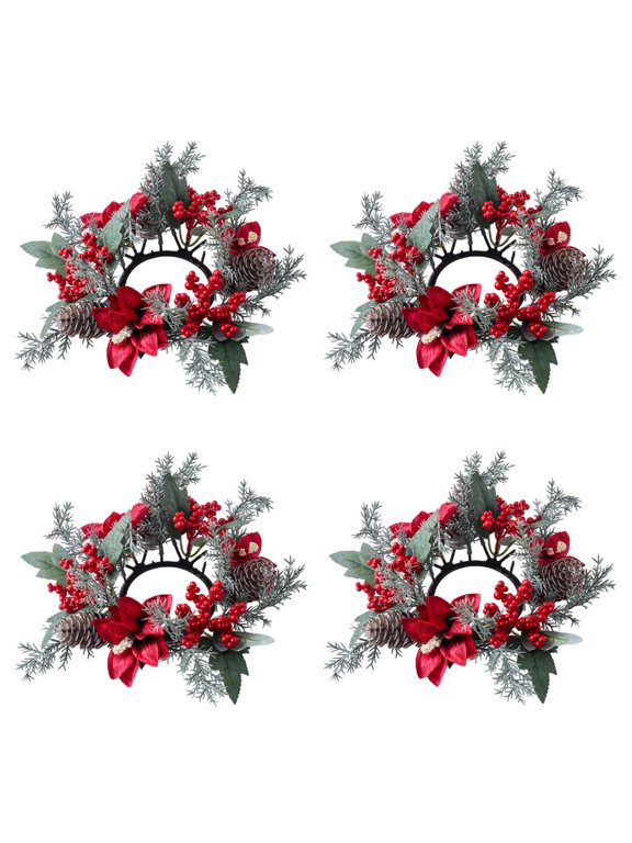 4Pcs Christmas Candle Rings Wreath Decorations Artificial Red Berry Pinecones Flower Candlestick Garland Candle Ring Holder for Christmas Wedding Home Kitchen Cabinet Table Centerpiece Party Supplies