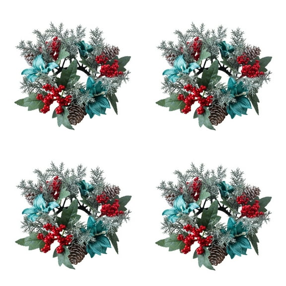 4Pcs Christmas Candle Rings Wreath Decorations Artificial Red Berry Pinecones Flower Candlestick Garland Candle Ring Holder for Christmas Wedding Home Kitchen Cabinet Table Centerpiece Party Supplies
