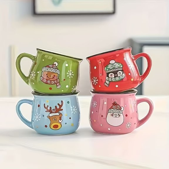 4Pcs Christmas Ceramic Coffee Mugs, Microwave & Dishwasher Safe, Cartoon Festive Drinkware for Hot & Cold Drinks, Ideal Xmas Thanksgiving Gifts & Party Tableware