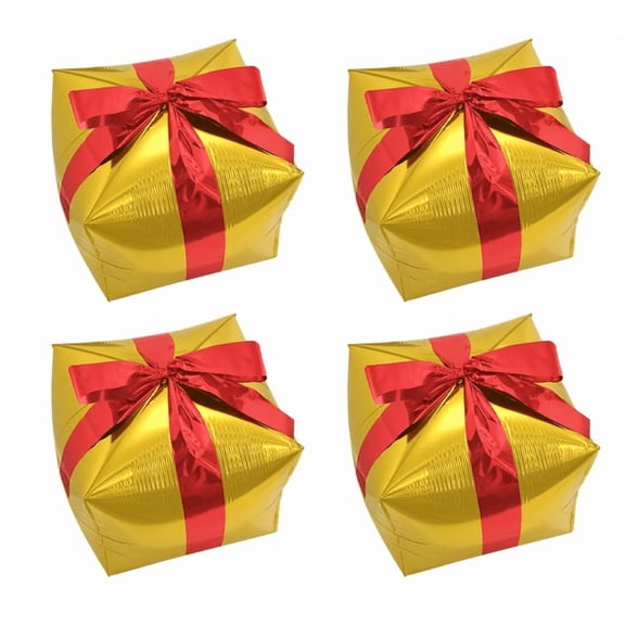 4Pcs Christmas Foil Balloons, 12.6 Inch Gift Box Mylar Foil Balloons with Bow for Xmas Party Decorations, Large Merry Christmas Boxes Balloon for Balloon Garland New Year Decor Supplies - 4Pcs(Gold)