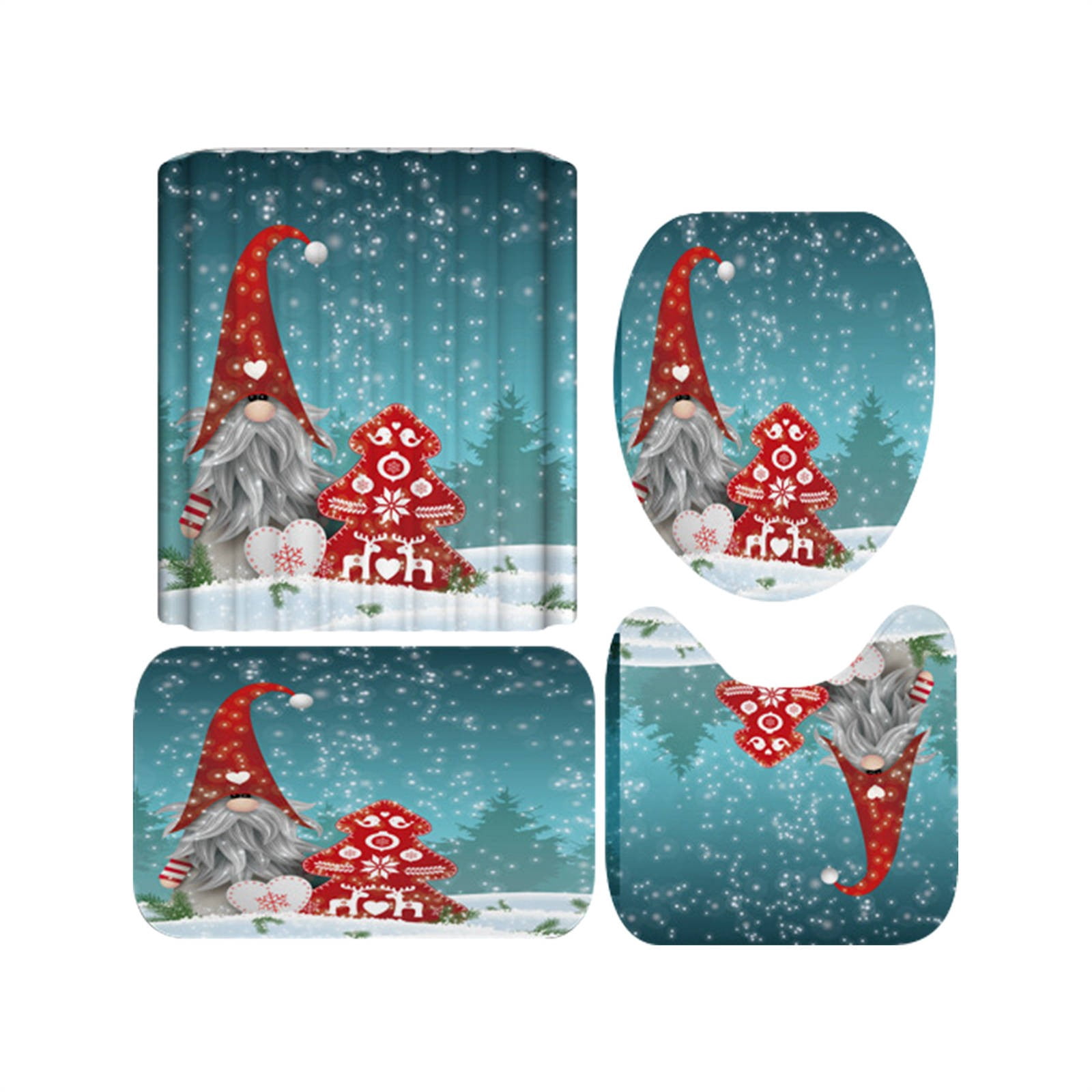 4Pcs Christmas Gnomes Blue Shower Curtain Set with Non Slip Rugs Toilet Lid Cover and Bath Mat ...