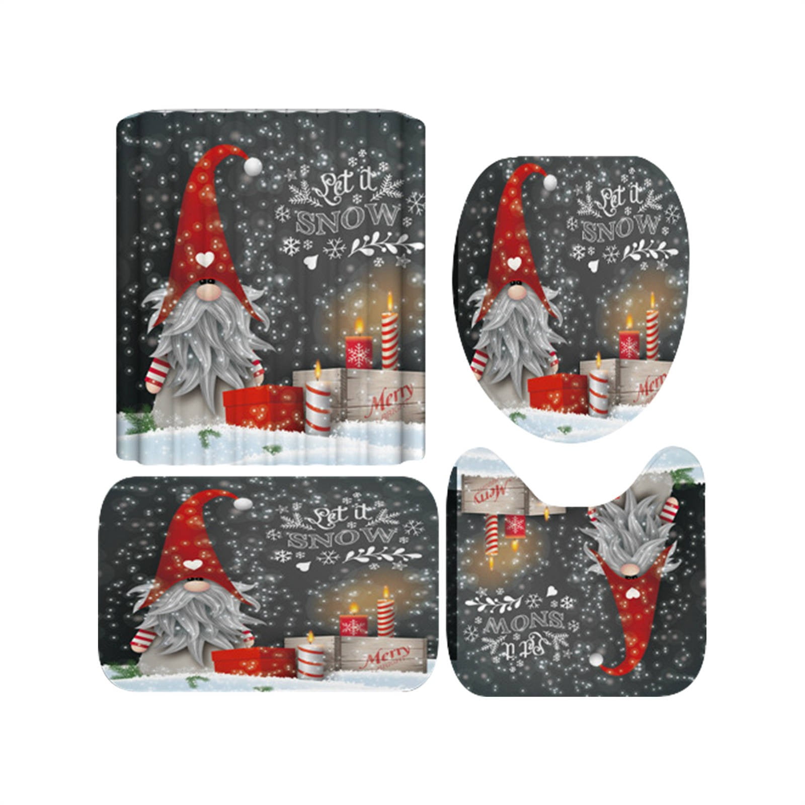 4Pcs Christmas Gnomes Blue Shower Curtain Set with Non Slip Rugs Toilet Lid Cover and Bath Mat ...
