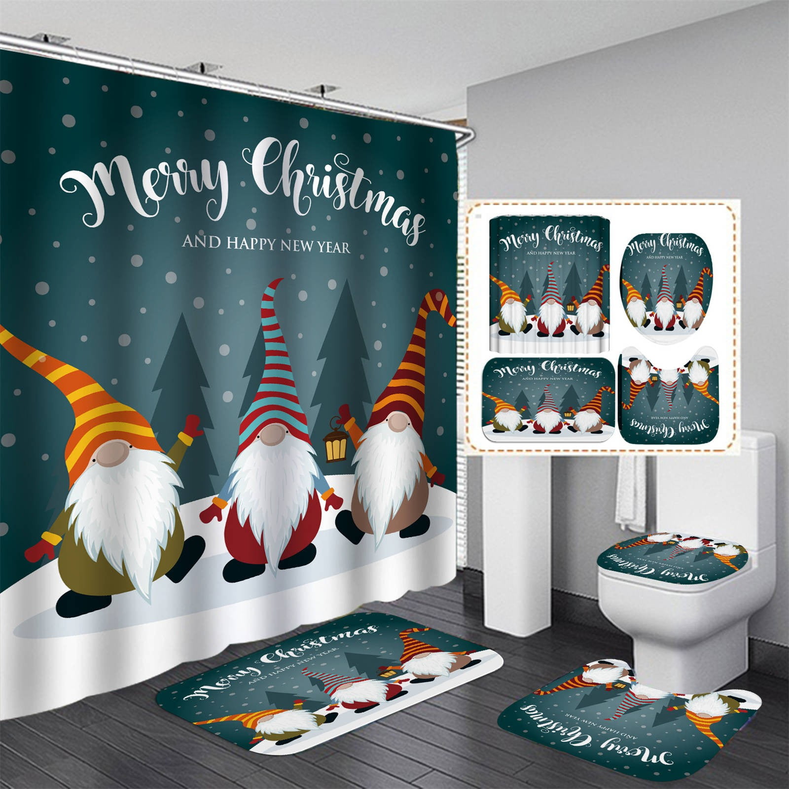 4Pcs Christmas Gnomes Blue Shower Curtain Sets With Non Slip Rugs ...