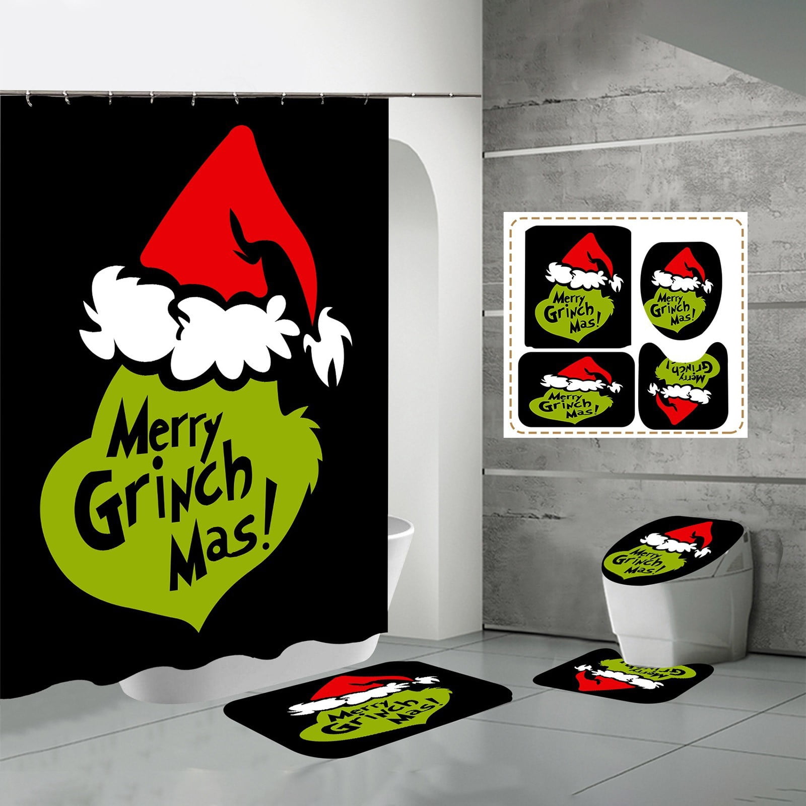 4Pcs Christmas Grinch Bathroom Sets,Christmas Grinch Shower Curtain Set