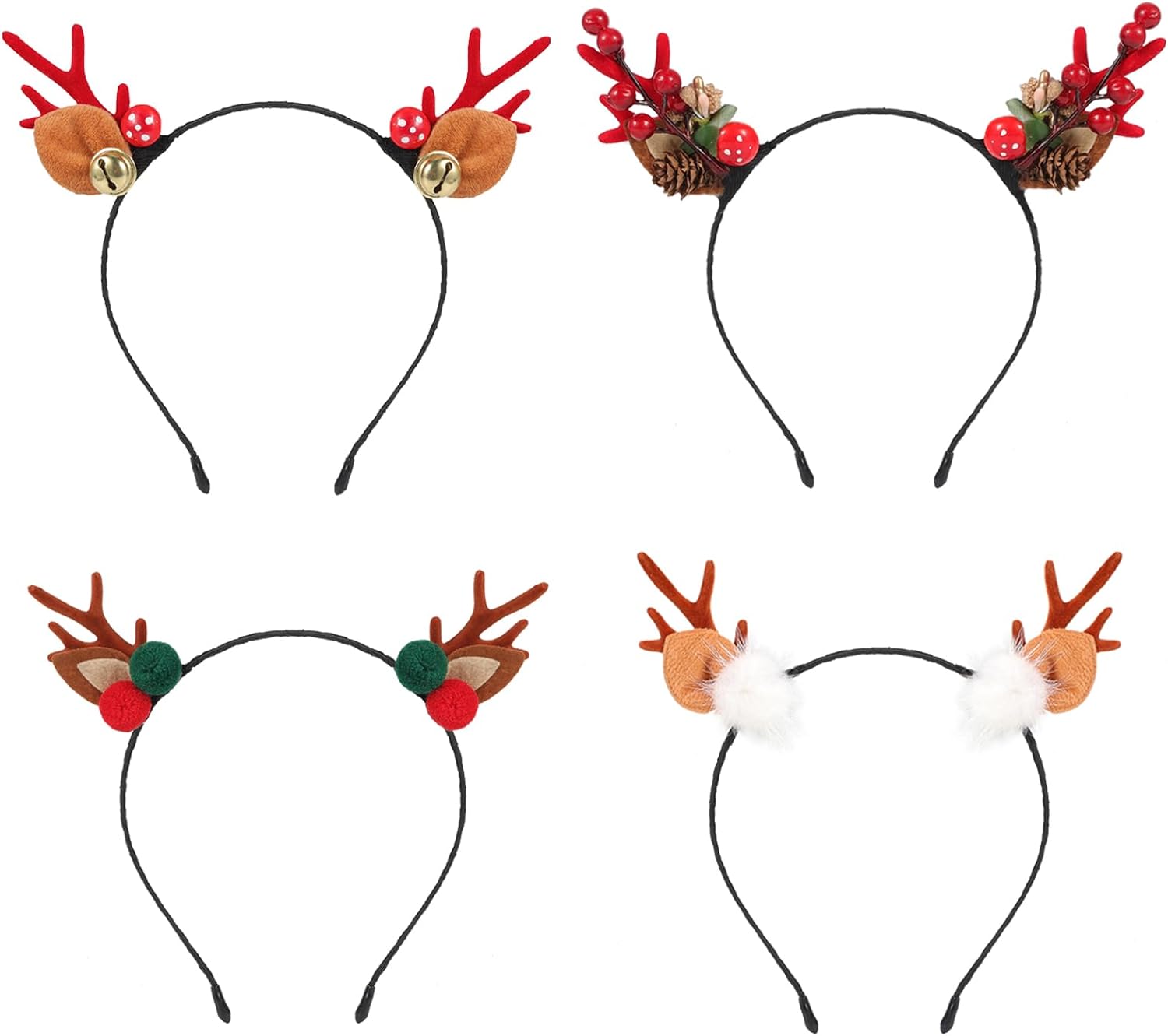 4Pcs Christmas Headbands for Kids Adults, Cute Reindeer Antlers Headband Deer Horns Headwear