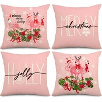 4Pcs Christmas Pillow Cover Pink Flamingo Throw Pillow Case Hello Merry Xmas Pillowcase Decor for Sofa Bedroom Living Room Party Favor, 18 x 18 inch