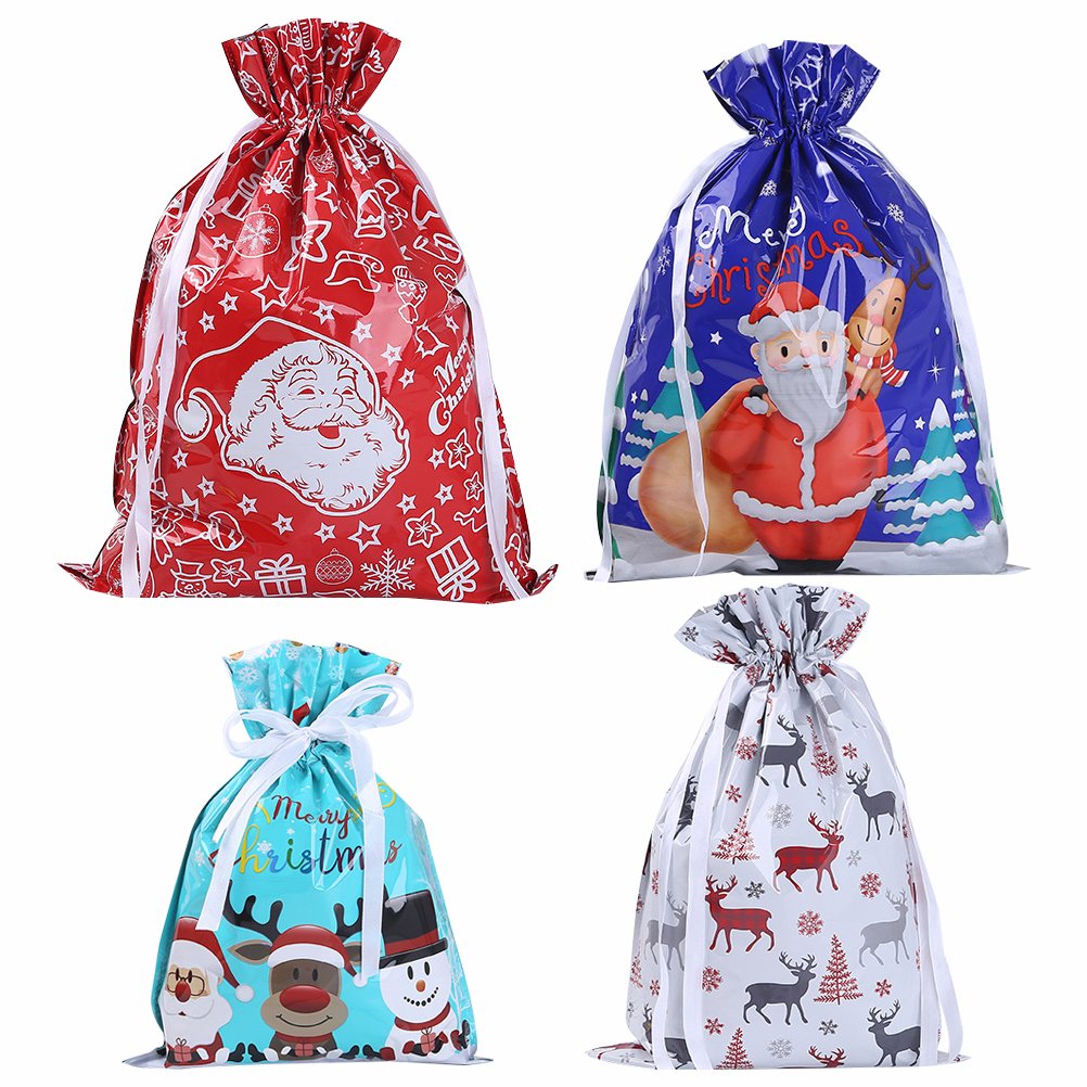 4Pcs Christmas Plastic Gift Bags Santa Claus Elk Pattern Drawstring ...