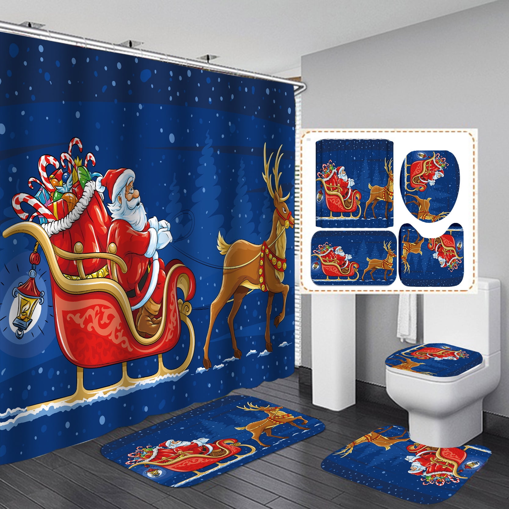 4Pcs Christmas Shower Curtain Set,Christmas Shower Curtain,NonSlip