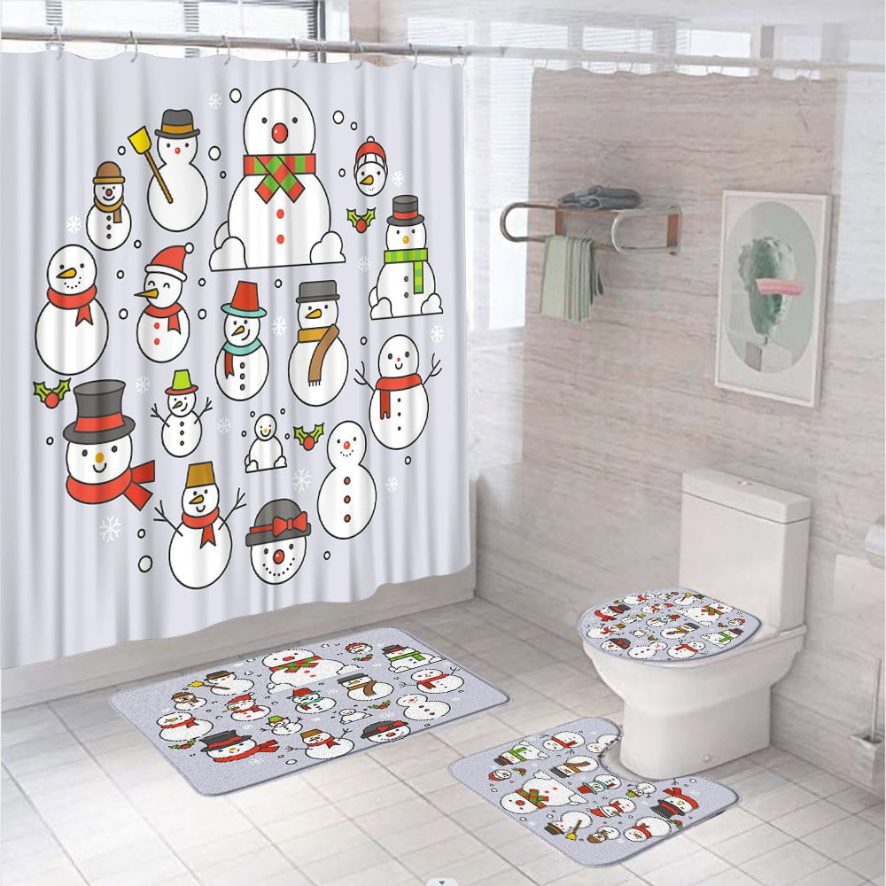 4Pcs Christmas Shower Curtain Set NonSlip Rug Toilet Lid Cover Bath