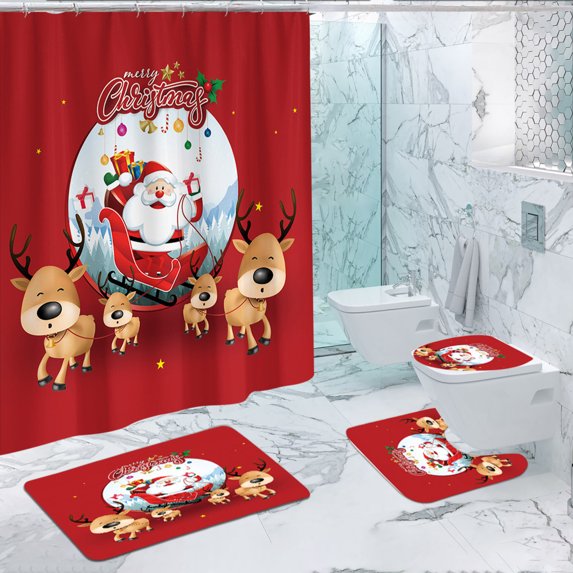 4Pcs Christmas Shower Curtain Set Winter Bathroom Set with Shower Curtain and Rugs, Christmas Themed Shower Curtain Set, Winter Christmas Tree Santa Bath Accessories Set C2