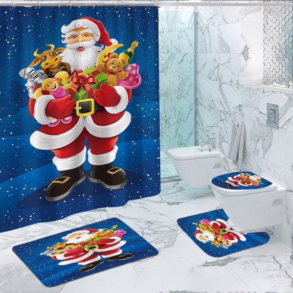 4Pcs Christmas Shower Curtain Set Winter Bathroom Set with Shower Curtain and Rugs, Christmas Themed Shower Curtain Set, Winter Christmas Tree Santa Bath Accessories Set B1