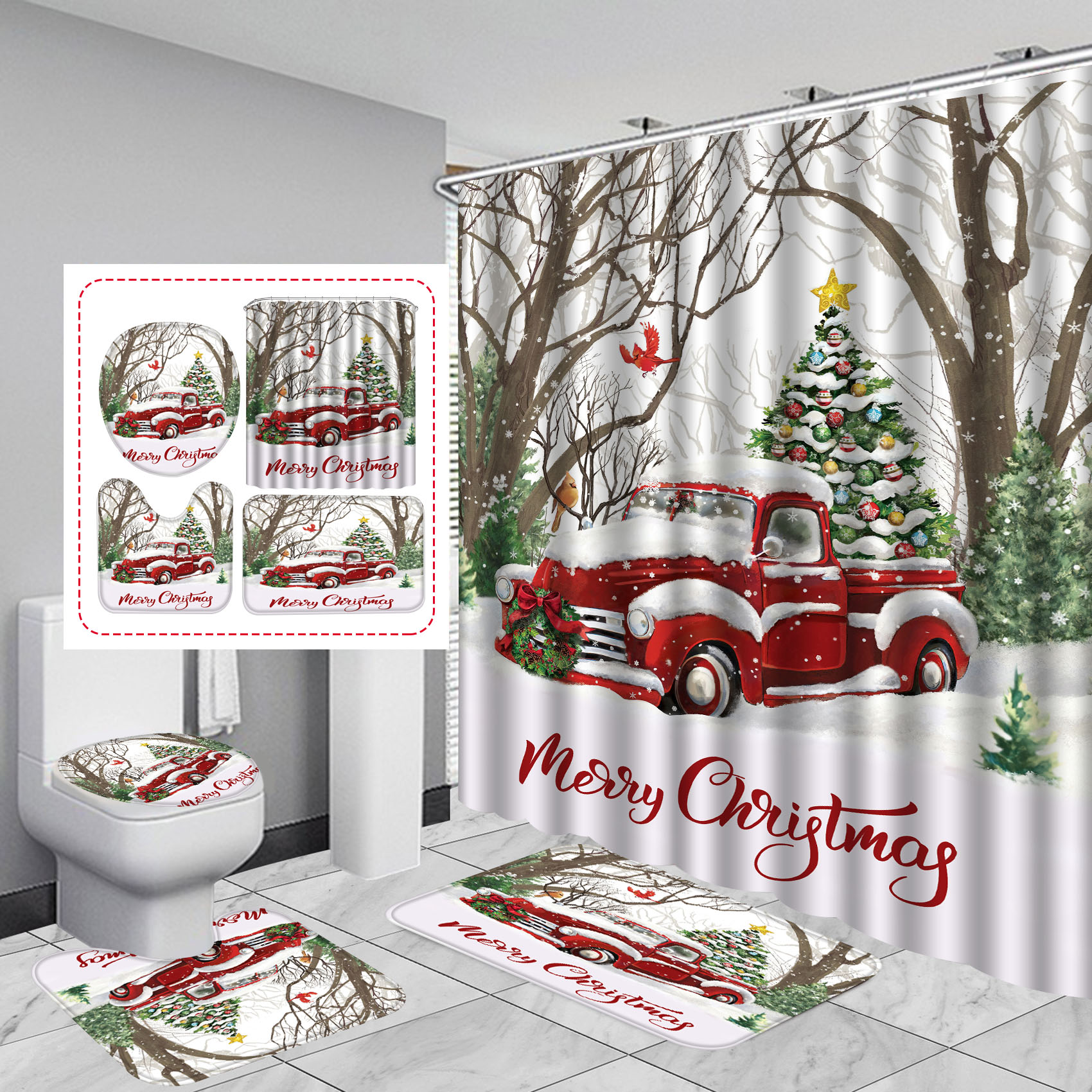 4Pcs Christmas Shower Curtain Sets, Merry Christmas Bathroom Sets with