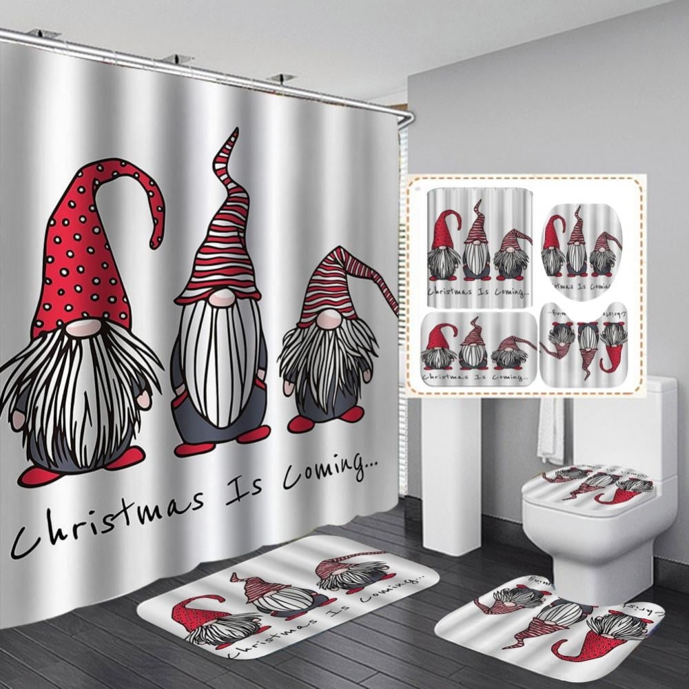 4Pcs Christmas Shower Curtain Sets with Non-Slip Rug, Toilet Lid Cover ...