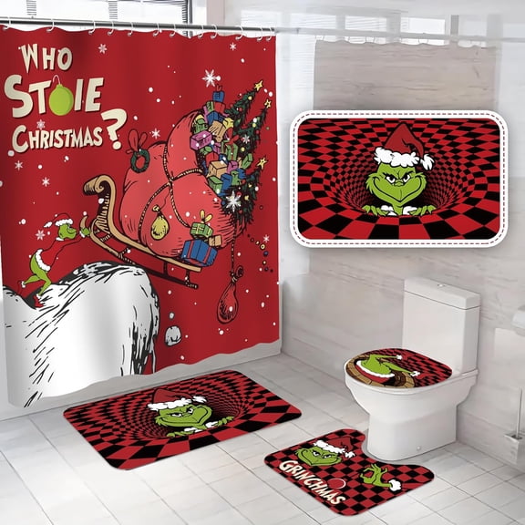 4Pcs Christmas Shower Curtain Sets with Non-Slip Rugs, Toilet Lid Cover and Non-Slip U Shape Bath Mat, Bathroom Sets with 12 Hooks Xmas Holiday Home Decor