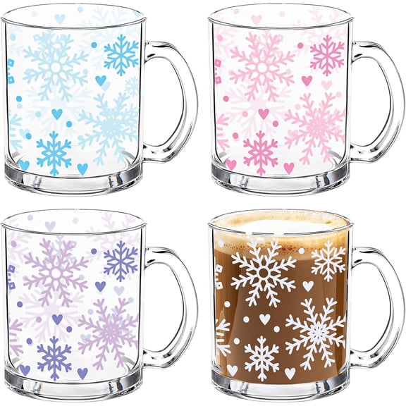 4Pcs Christmas Snowflake Glass Coffee Mug Set 12 oz Winter Snowflake Glass Cups with Handle Xmas Winter Holiday Gifts Clear Drinking Wine Beverage Glasses for Hot Cold Drinks Water Tea Milk