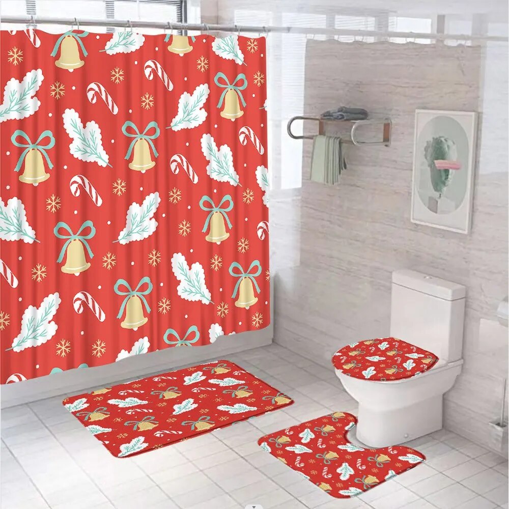 4Pcs Christmas Snowman Reindeer Bathroom Set Shower Curtain Rug Bath