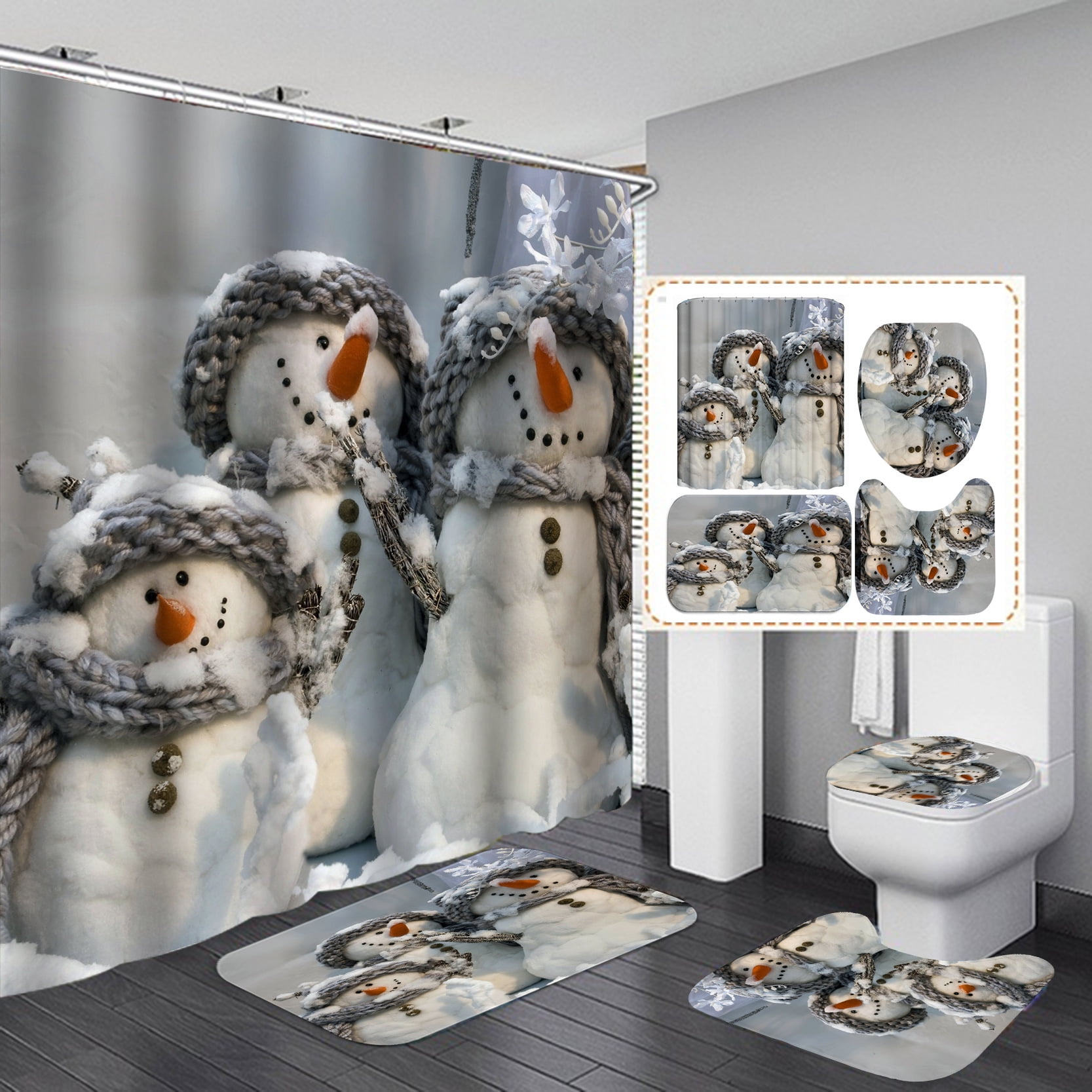 4Pcs Christmas Snowman Shower Curtain Set with NonSlip Rug,Toilet Lid