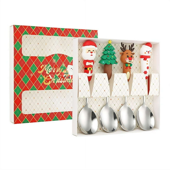 4Pcs Christmas Spoon Set Creative Xmas Tree Santa Snowman Elk Spoons Forks for Tea Soup Coffee Stirring Spoons