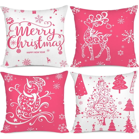 4Pcs Christmas Throw Pillow Covers Christmas Decoration Trees Deer Snowman Merry Christmas Decorative Holiday Farmhouse Pillow Covers for Holiday Christmas Decoration