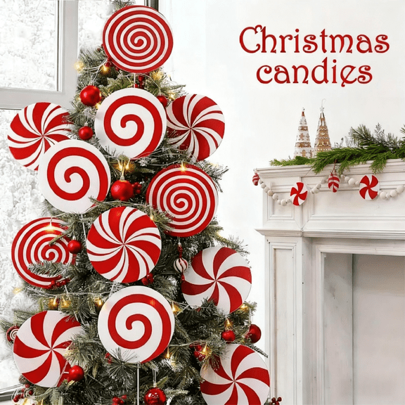 4Pcs Christmas Tree Ornaments Large Lollipop Holiday Tree Hanging Decorations for Indoor Xmas Party Home Festive Scene Decor, Red and White