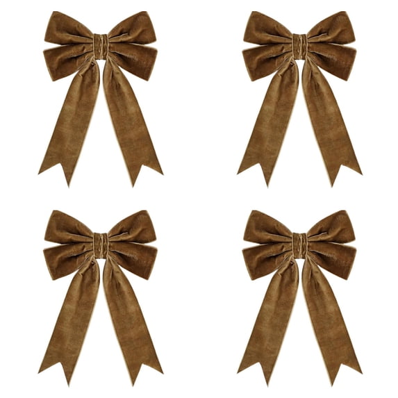 4Pcs Christmas Velvet Bow Ornament, 7.09" Brown Wreath Twist Tie Ribbon with Metal Wire, Soft Fabric Hanging Decoration for Gift Wrapping, Garland, Tree, and Rustic Holiday Party Decor