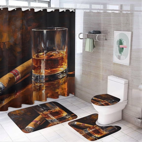 4Pcs Cigar Oil Painting Shower Curtain Set, Vintage Rustic Whiskey Glass Bathroom Decor Set with Rug Bathroom Accessory Bathroom Curtain Shower Set, 72" x 72"