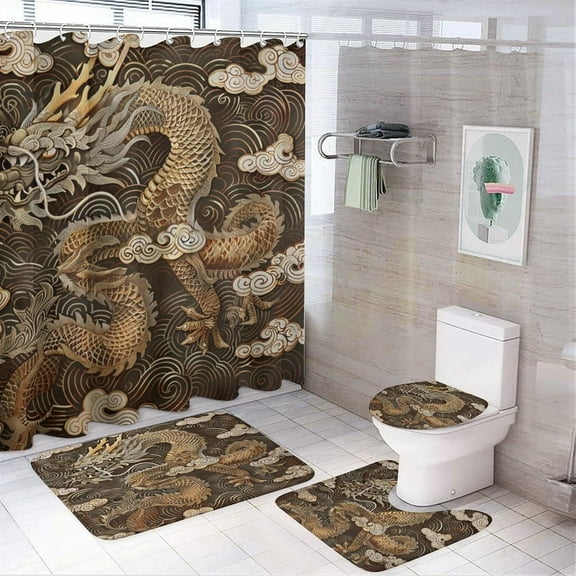 4Pcs Classic Dragon Asian Shower Curtain Sets Bathroom Decor, Retro Golden Animal Cloud Shower Curtain with Non Slip Rug, Toilet Lid Cover, Bath Mat and 12 Hooks 72W x 72L