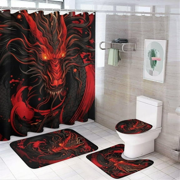 4Pcs Classic Dragon Shower Curtain Sets, Mythological Animals Fire Red Creature Bathroom Set with Shower Curtain, Toilet Lid Rug, Non-Slip Rugs and Bath Mat Decor