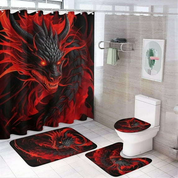 4Pcs Classic Dragon Shower Curtain Sets, Mythological Animals Fire Red Creature Bathroom Set with Shower Curtain, Toilet Lid Rug, Non-Slip Rugs and Bath Mat Decor