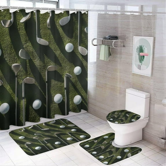 4Pcs Classic Golf Sport Shower Curtain Sets Bathroom Decor, Modern Casual Competition Shower Curtain with Non Slip Rug, Toilet Lid Cover, Bath Mat and 12 Hooks 72W x 72L