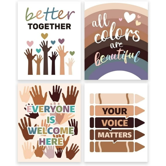 4Pcs Classroom Motivational Posters Everyone is Welcome Here Posters Unframed Palm Diversity Posters Equality Sign Paper Wall Decorations for Home School Classroom 25.5x20.5cm