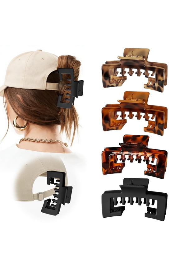4Pcs Claw Clips for Baseball Caps, Strong, Non-Slip Square Design, Hair Clip for Hat for Women, Hair Accessory Gifts, Mixed Color for Thick and Fine Hair