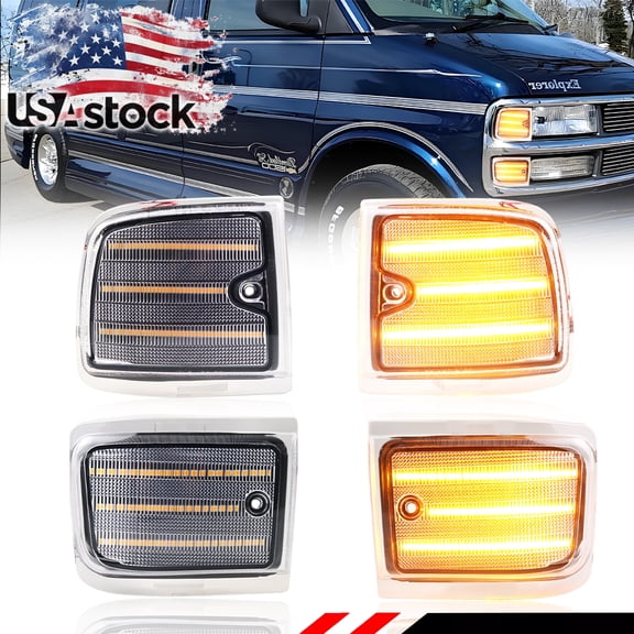 4Pcs Clear Lens Front Corner Upper & Lower Side Marker Light Turn Signal Light With Amber LED For 1996 1997 1998 1999 2000 2001 2002 Chevrolet Express Van 1500 2500 3500 Van