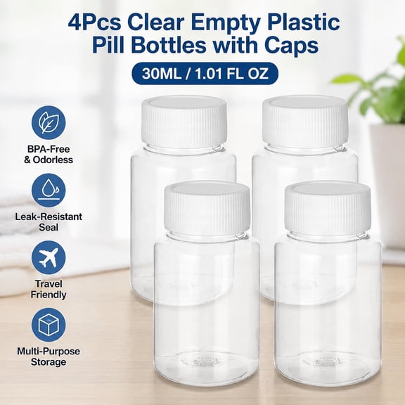 4Pcs Clear Plastic Pill Bottles with Caps, Empty Medicine Containers, Small Travel Pill Case, Liquid Solid Powder Storage, 30ML
