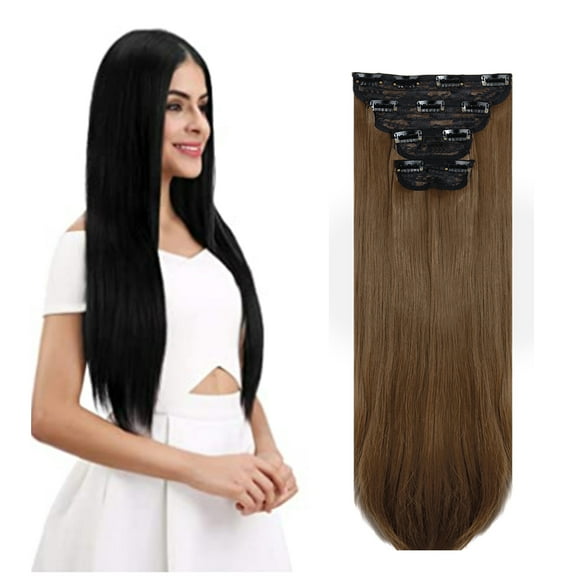 4Pcs Clip in Straight Hair Extensions, Natural Straight Hairpieces with 11 Clips, 18/24 inch Long Soft Clip on Extensions Hair Pieces for Women - Dark Brown 260g Per Set