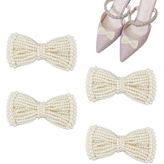 4Pcs Cloth Bowknots Shoe Decorations with Plastic Imitation Pearl Beads Antique White 51x98x19mm