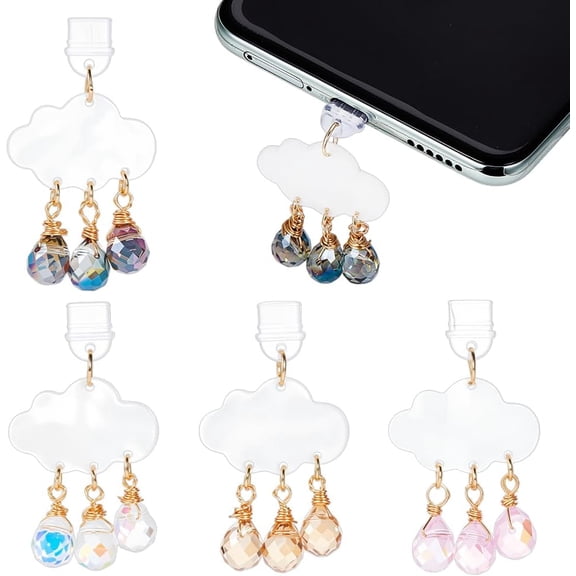 4Pcs Cloud with Teardrop Dust Plug Charms 1.9 Inch Mobile Dustproof Plugs with Acrylic and Glass Pendants Type C Dust Plug Charm Type C Port Protector Phone Accessory for Most Type-C Phone