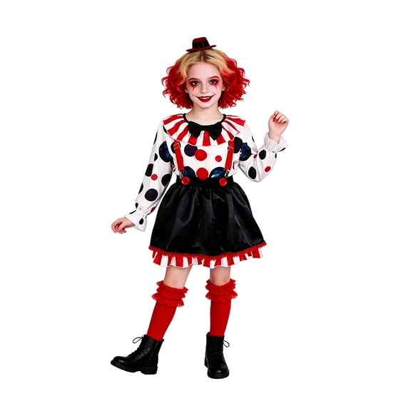 4Pcs Clown Cosplay, Halloween Carnival Role Play Outfit, Clown Costume Set With Polka-Dot Top, Striped Skirt & Mini Top Hat&Belt. Perfect for Halloween, Circus Parties., 140