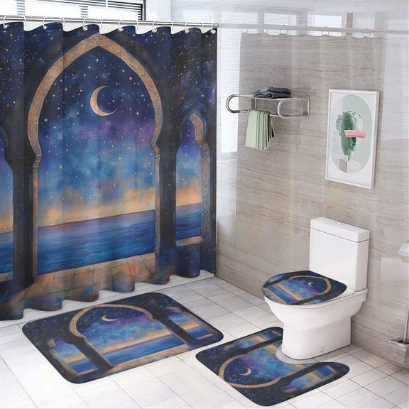 4Pcs Coastal Building Archway Shower Curtain Set with Toilet Lid Cover Non-Slip Rugs for Bathroom, Palace Moon Star Starry Sky Shower Curtain Bathroom Sets with Hooks, 72x72 Inch