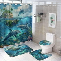 4Pcs Coastal Fish Coral Shower Curtain Sets Bathroom Decor, Tropical Palm Tree Cute Dolphin Shower Curtain with Non Slip Rug, Toilet Lid Cover, Bath Mat and 12 Hooks 72W x 72L