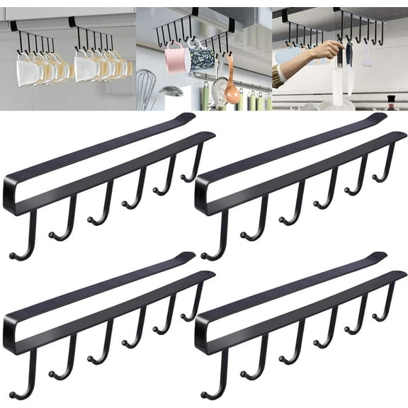 4Pcs Coffee Mug Holder Under Cabinet,Coffee Cups Holder with 6 Mug Hooks,Drilling Free Adhesive Kitchen Utensils Hanging Hooks for Kitchen Utensil,Fit for 1 Inch Thickness Shelf or Less (Black)