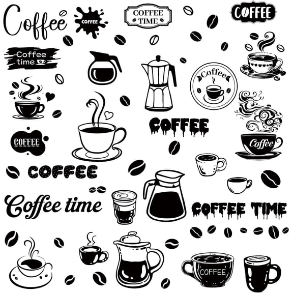 4Pcs Coffee Wall Stickers Window Decals Decoration Self-Adhesive Coffee Time Bean Cup Wall Decal Peel and Stick Removable Waterproof for Cafe Window Door Shop Decor Black 11.4x7.9in 1set