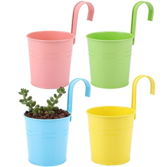 4Pcs Color Metal Fence Planter,Iron Hanging Flower Plant Pots,Succulent Plant Box,Tin Flower Bucket,for Indoor Outdoor Balcony Railing Garden Home Decoration (Pink Green Yellow Blue)